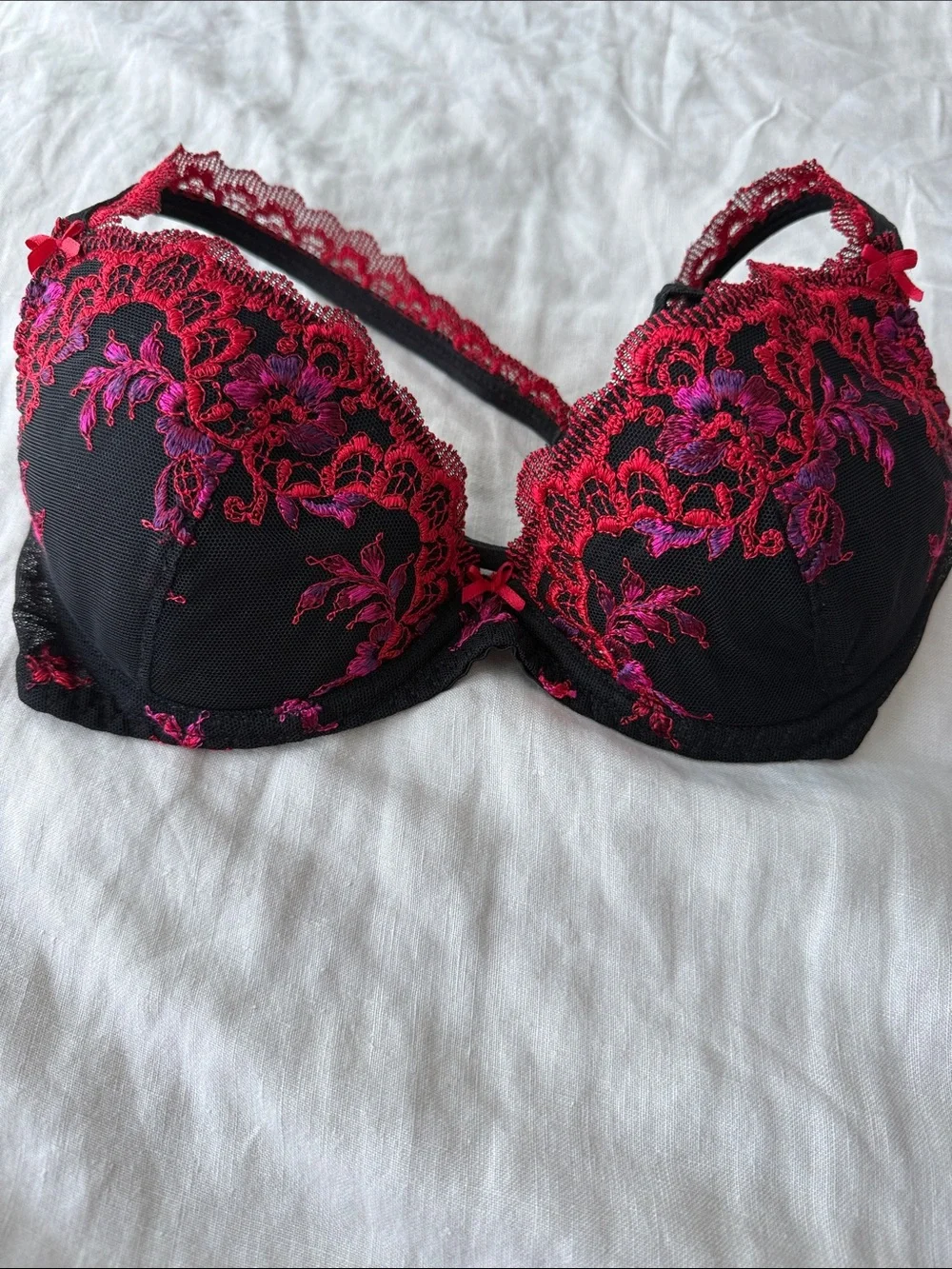 Aubade Black Bra & Sheer Briefs Set with Red and Pink Embroidery